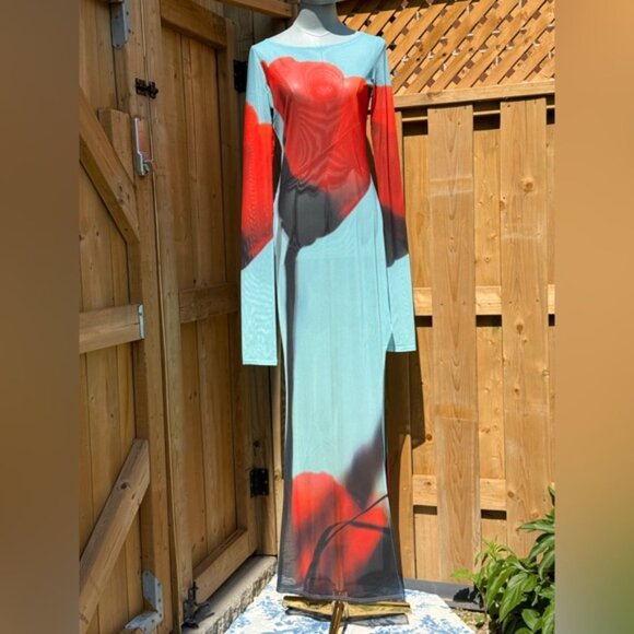 🆕 RAT & BOA 🧿 NWOT Santino Sheer Long Sleeve Dress, Blue with Red Tulip, Sz M - Picture 5 of 16